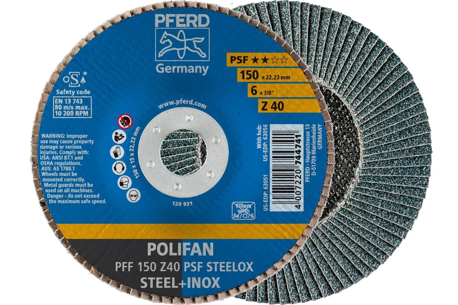 Picture of Pferd Flap Disc, 6" x 7/8, Z PSF Steelox, 40 Grit, T27, Flat, Zirconia